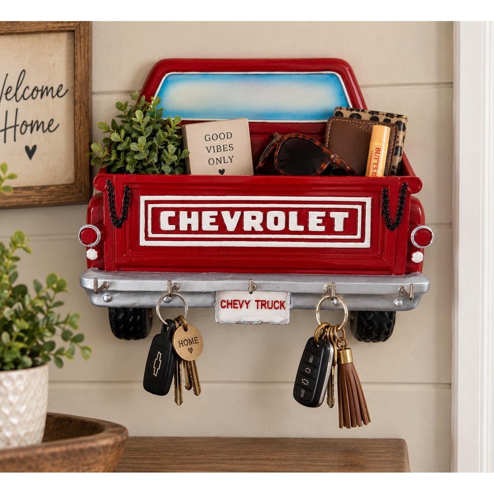 Chevrolet Chevy Truck Wall Shelf Key Holder GM Licensed Red Pickup Decor
